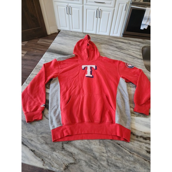 VTG Majestic Texas Rangers Hoodie Mens Size M Red Gray Pullover Baseball MLB - Picture 1 of 10
